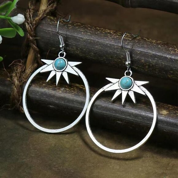 Sun Bell Turquoise Circle Shaped Vintage Long Summer Earring for Women Jewelry - Picture 8 of 9